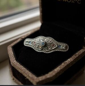 Antique Art Deco Sterling Silver Filigree w/ Multi Color Rhinestone Broo…